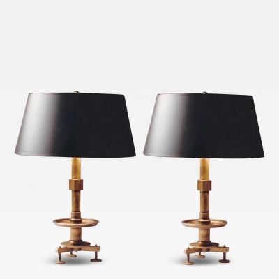 Pair of French Modern Neoclassical Brass and Steel Industrial Style Table Lamps