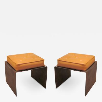 Pair of French Modernist Stools Benches in Wrought Iron with Upholstered Seats