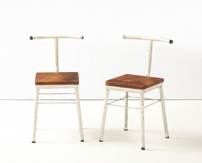 Pair of French Modernist White Metal Chairs with Leather Seats 1930s