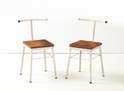 Pair of French Modernist White Metal Chairs with Leather Seats 1930s
