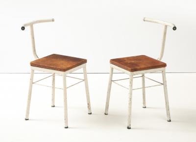 Pair of French Modernist White Metal Chairs with Leather Seats 1930s