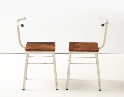 Pair of French Modernist White Metal Chairs with Leather Seats 1930s