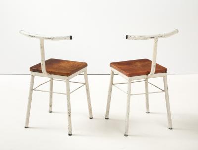 Pair of French Modernist White Metal Chairs with Leather Seats 1930s