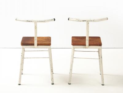 Pair of French Modernist White Metal Chairs with Leather Seats 1930s