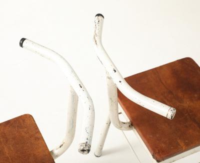 Pair of French Modernist White Metal Chairs with Leather Seats 1930s