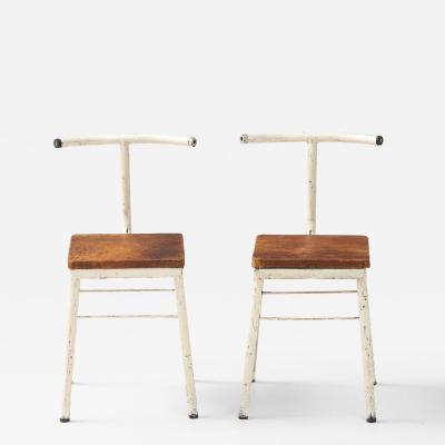 Pair of French Modernist White Metal Chairs with Leather Seats 1930s