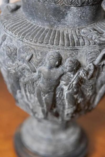 Pair of French Neoclassical 19th Century Baluster Urns with Low Relief D cor