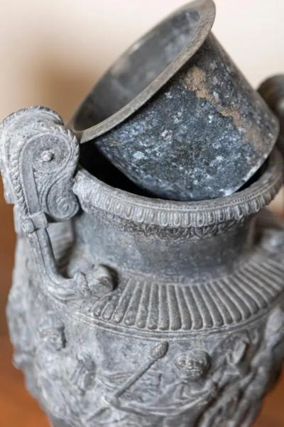 Pair of French Neoclassical 19th Century Baluster Urns with Low Relief D cor