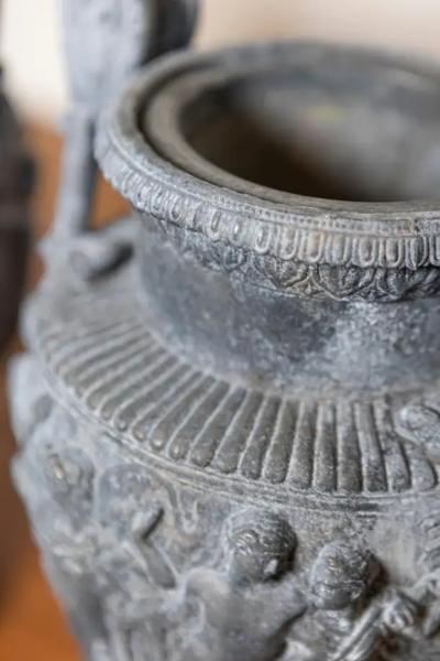 Pair of French Neoclassical 19th Century Baluster Urns with Low Relief D cor