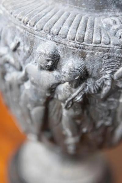 Pair of French Neoclassical 19th Century Baluster Urns with Low Relief D cor