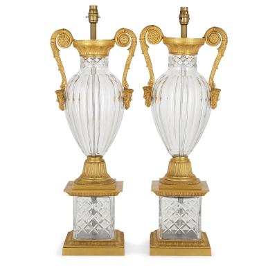 Pair of French Neoclassical Style Gilt Bronze and Cut Glass Lamps