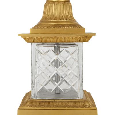 Pair of French Neoclassical Style Gilt Bronze and Cut Glass Lamps