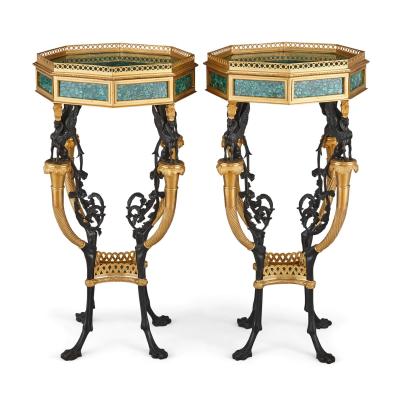 Pair of French Neoclassical Style Malachite and Gilt Bronze Side Tables