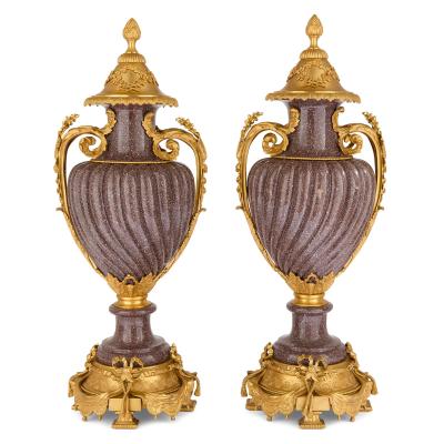 Pair of French Neoclassical style ormolu mounted porphyry vases