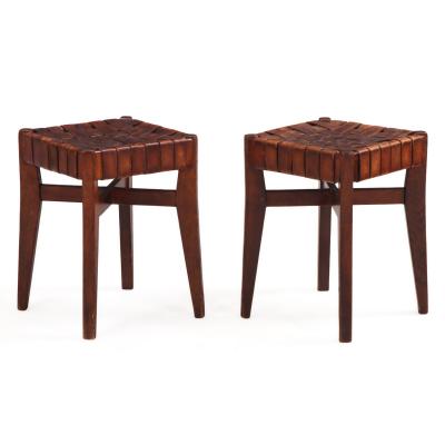 Pair of French Oak Stools with Woven Leather Strap Seats C 1925