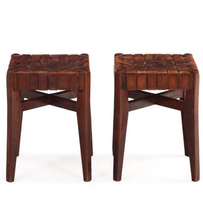 Pair of French Oak Stools with Woven Leather Strap Seats C 1925