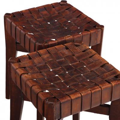 Pair of French Oak Stools with Woven Leather Strap Seats C 1925