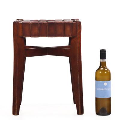 Pair of French Oak Stools with Woven Leather Strap Seats C 1925