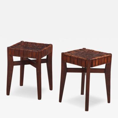 Pair of French Oak Stools with Woven Leather Strap Seats C 1925