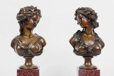 Pair of French Ormolu and Patinated Bronze Figural Busts on Porphyry Bases