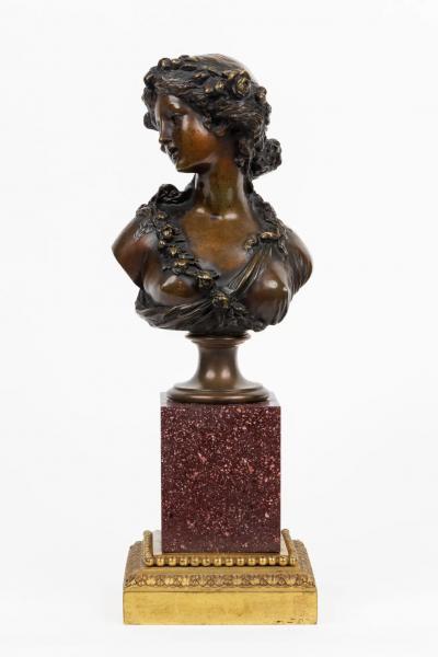 Pair of French Ormolu and Patinated Bronze Figural Busts on Porphyry Bases