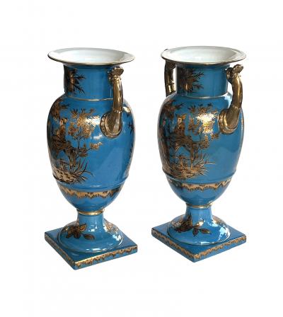 Pair of French Paris Porcelain Chinoiserie Gilt and Cerulean Blue Ground Vases