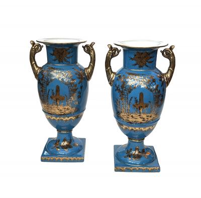 Pair of French Paris Porcelain Chinoiserie Gilt and Cerulean Blue Ground Vases