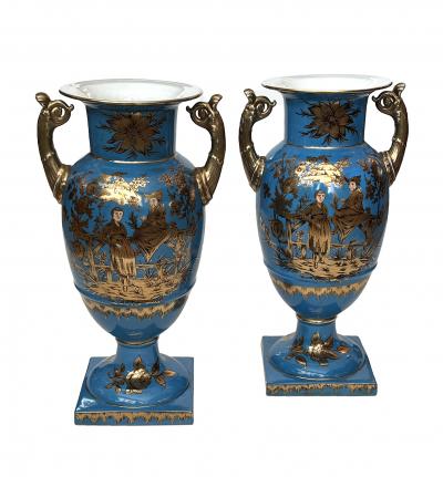 Pair of French Paris Porcelain Chinoiserie Gilt and Cerulean Blue Ground Vases