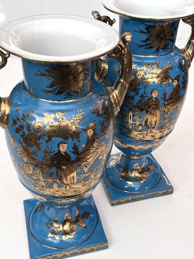 Pair of French Paris Porcelain Chinoiserie Gilt and Cerulean Blue Ground Vases