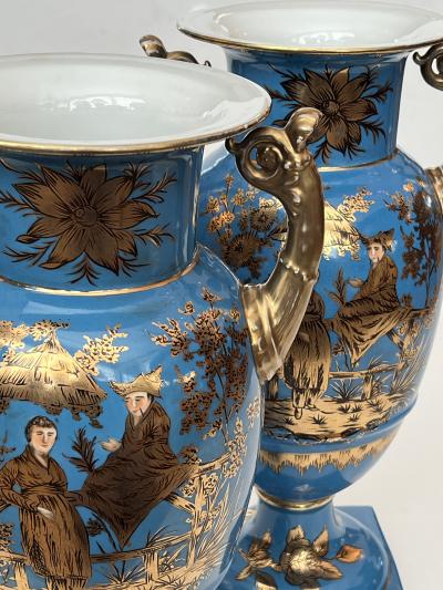 Pair of French Paris Porcelain Chinoiserie Gilt and Cerulean Blue Ground Vases