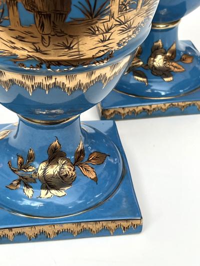 Pair of French Paris Porcelain Chinoiserie Gilt and Cerulean Blue Ground Vases