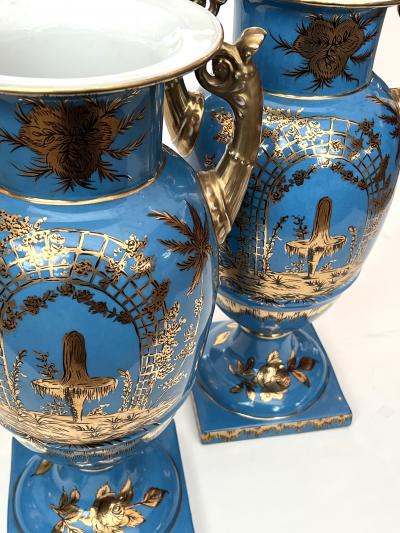 Pair of French Paris Porcelain Chinoiserie Gilt and Cerulean Blue Ground Vases