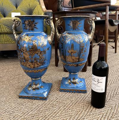 Pair of French Paris Porcelain Chinoiserie Gilt and Cerulean Blue Ground Vases