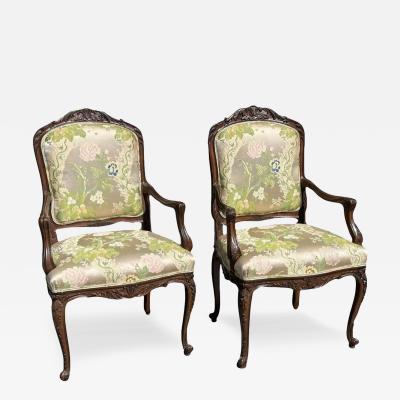 Pair of French Provincial Carved Walnut Chairs W Scalamandre Lampas