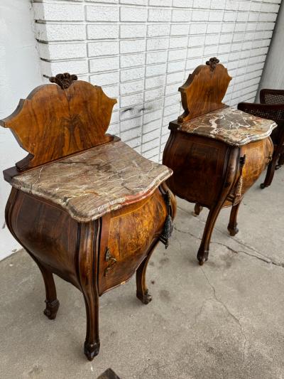 Pair of French Provincial Inlaid Bombe Nightstands with Shaped Marble Tops