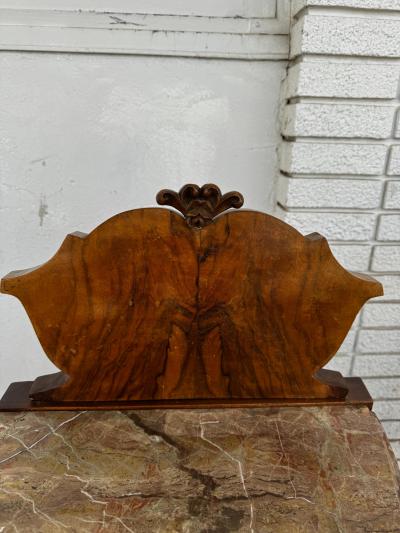 Pair of French Provincial Inlaid Bombe Nightstands with Shaped Marble Tops