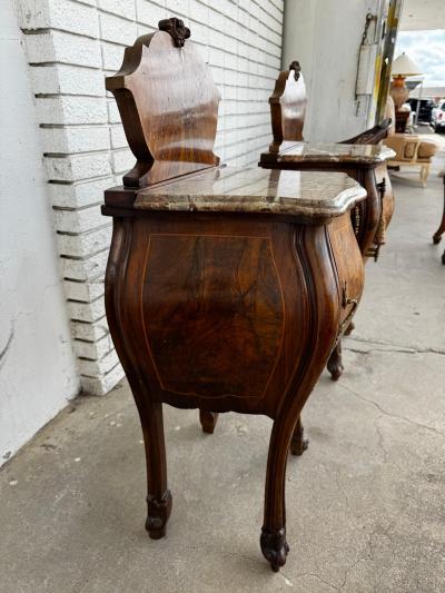 Pair of French Provincial Inlaid Bombe Nightstands with Shaped Marble Tops