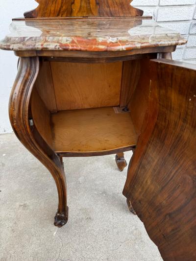 Pair of French Provincial Inlaid Bombe Nightstands with Shaped Marble Tops