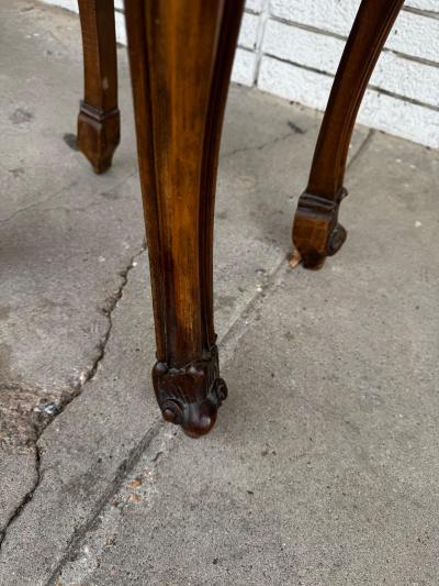 Pair of French Provincial Inlaid Bombe Nightstands with Shaped Marble Tops