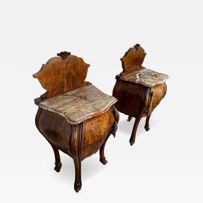 Pair of French Provincial Inlaid Bombe Nightstands with Shaped Marble Tops