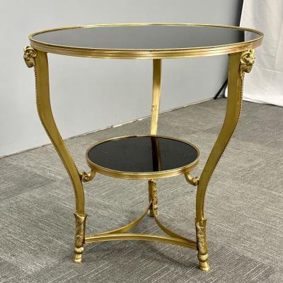 Pair of French Rams Head Gueridon End or Side Tables Black Marble Top Bronze