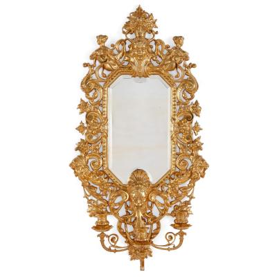 Pair of French Renaissance style Ormolu Wall Mirrors with Candelabra