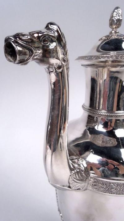 Pair of French Restauration Silver Coffeepots with Horse Head Spouts