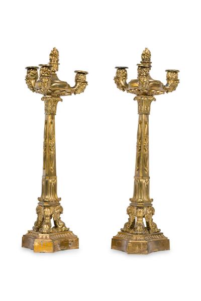 Pair of French Restoration Gilt Bronze Candelabras