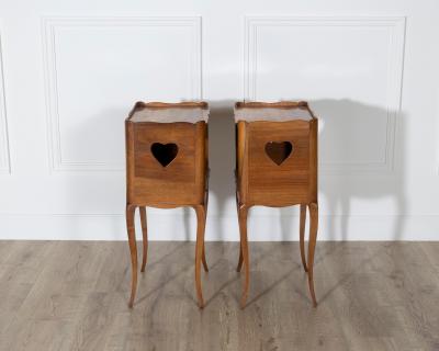 Pair of French Solid Walnut Bedside Tables with Heart Cutouts 20th Century