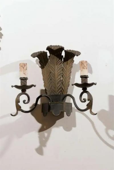 Pair of French T le Two Light Sconces with Ostrich Plume Motifs circa 1890