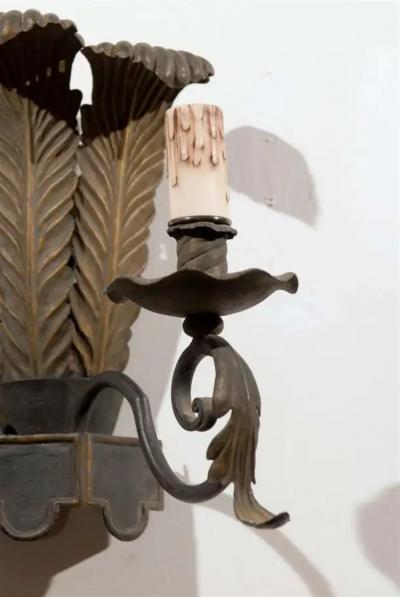 Pair of French T le Two Light Sconces with Ostrich Plume Motifs circa 1890