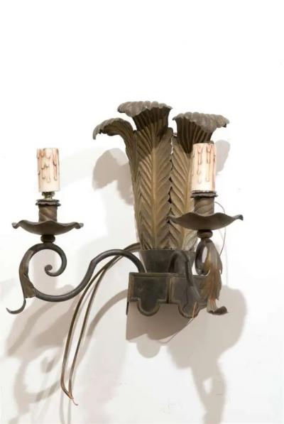 Pair of French T le Two Light Sconces with Ostrich Plume Motifs circa 1890