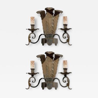 Pair of French T le Two Light Sconces with Ostrich Plume Motifs circa 1890