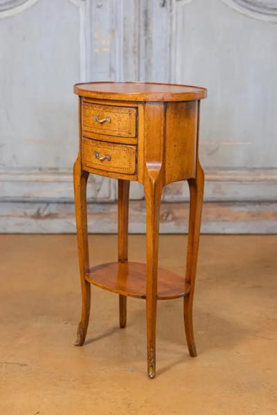 Pair of French Transition Style Oval Shaped Fruitwood Bedside Tables with Inlay